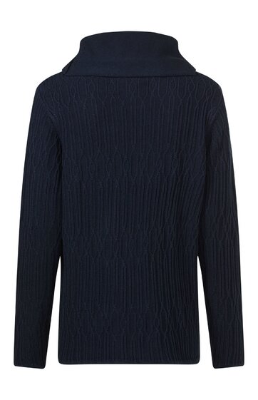 Dunkelblauer Pullover mit Rippstrickmuster, Stehkragen, lange Ärmel, gerade geschnitten