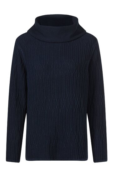 Dunkelblauer Pullover mit Rollkragen, langärmlig, geripptes Strickmuster, gerade geschnitten
