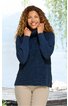 Dunkelblauer Pullover mit Rollkragen, lange Ärmel, gerader Schnitt, getragen von stehender Frau, ohne Muster