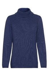Dunkelblauer Pullover mit Rollkragen, lange Ärmel, geripptes Muster an Schultern und Ärmeln, gerader Saum, schlichte Form