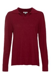 Damenpullover, dunkelrot, einfarbig, V-Ausschnitt mit kleinem Umschlagkragen, lange Ärmel, gerade geschnitten
