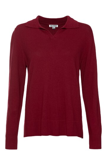 Damenpullover, dunkelrot, einfarbig, V-Ausschnitt mit kleinem Umschlagkragen, lange Ärmel, gerade geschnitten