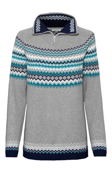 Hellgrauer Pullover mit Norwegermuster in Blau-, Türkis- und Weißtönen, Stehkragen mit kurzem Reißverschluss, lange Ärmel, gerader Schnitt, Bündchenmuster am Ärmel- und Saumende