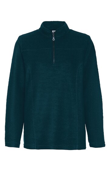 Dunkelgrüner Pullover mit Reißverschluss bis zur Brust, Stehkragen, lange Ärmel, gerade geschnitten