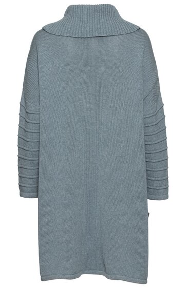 Hellgrauer Strickmantel mit weitem Kragen, lange Ärmel mit Riegel-Detail, gerade geschnitten, knielang, ohne sichtbare Verschlüsse, Rückansicht