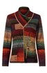 Multifarbenes Damenstrickjacke mit horizontalem Streifenmuster in Grün, Rot, Braun, Orange, Burgund und Schwarz, asymmetrischer Kragen mit Knopf, Knöpfe vorne am Oberkörper, lange Ärmel, zwei Taschen auf Vorderseite
