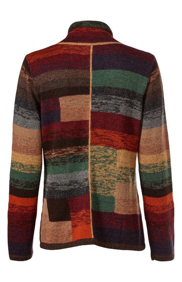 Jacke in Patchwork-Optik mit rechteckigen Farbflächen in Braun, Dunkelgrün, Dunkelrot, Senfgelb und Grau, Stehkragen, gerade geschnitten, lange Ärmel, Rückansicht