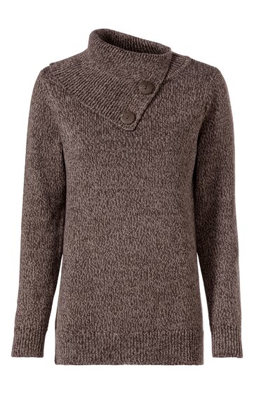 Brauner Pullover mit Strukturmuster, asymmetrischer hoher Kragen mit zwei großen Knöpfen, lange Ärmel, gerade geschnitten