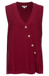 Bordeauxrote Strickweste mit diagonaler Knopfleiste, vier sichtbare helle Knöpfe, V-Ausschnitt, leicht taillierte Form, Ärmellos, kleiner seitlicher Schlitz unten
