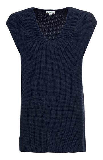 Marineblauer Strickpullover ohne Ärmel mit V-Ausschnitt, gerader Schnitt, feine Struktur, ohne weitere sichtbare Details