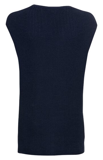 Ärmelloses, dunkelblaues Strickoberteil mit geripptem Muster, Rundhalsausschnitt, gerade geschnitten