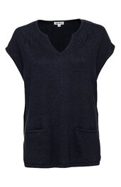 Dunkelblaues ärmelloses Strickoberteil, V-Ausschnitt, gerade Form, zwei aufgesetzte Taschen vorne