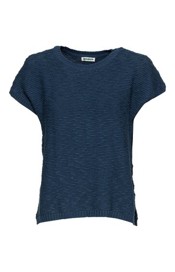 Dunkelblaues Kurzarmshirt mit feinem Streifenmuster, Rundhalsausschnitt, lockere Passform, seitliche kleine Schlitze am Saum