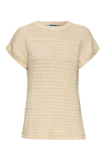 Beiges Kurzarmshirt mit horizontalem Streifenmuster, Rundhalsausschnitt, lockere Passform, gerade geschnitten