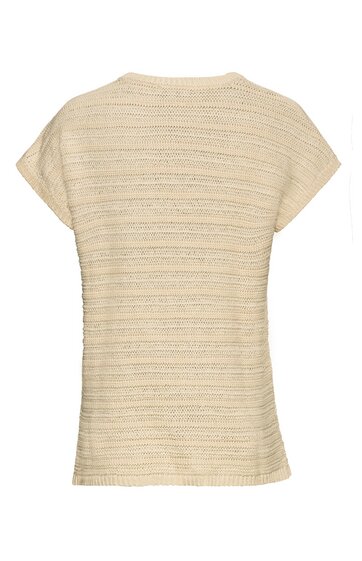 Beiges Kurzarmshirt mit horizontalem, feinem Streifenmuster, gerader Saum, Rundhalsausschnitt, leichte Zylinderform