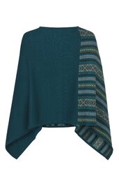 Dunkelgrüner Poncho mit asymmetrischem Schnitt, eine Seite einfarbig, andere Seite mit multicolor Ethno-Muster in Gelb, Hellblau und Grün, Rundhalsausschnitt, locker fallend