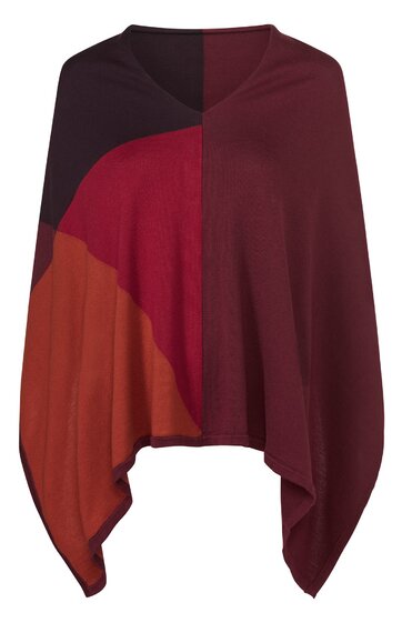 Poncho für Damen in dunkelrot, rostorange und weinrot, asymmetrischer Schnitt, gestricktes Muster, ohne Verschluss