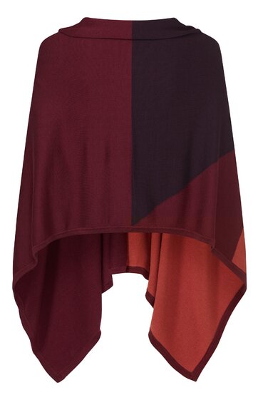 Poncho in dunkelrot, weinrot und braun, asymmetrischer Saum, rundhalsig, ohne Verschluss