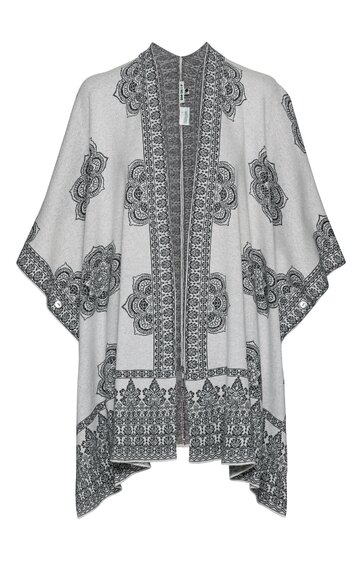 Offen geschnittene weiße Überwurfjacke mit schwarzen, symmetrischen floralen Stickereimustern, weite 3/4-Ärmel, gerade Saumkanten, ohne Verschluss