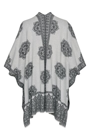 Weißes Poncho mit schwarzen floralen Mustern, offene Form ohne Ärmel, breite Saumkante mit Blumenornamenten, mittellange Länge