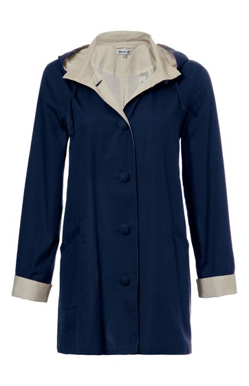 Dunkelblauer Mantel mit hellbeigem Reverskragen, Knopfleiste, langen Ärmeln, hellbeige Ärmelaufschläge, gerade geschnitten