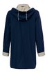 Dunkelblaue Regenjacke mit hellbeiger Kapuze und hellbeigen Ärmelsäumen, lange Ärmel, gerade geschnitten, ohne sichtbare Verschlüsse, Rückansicht