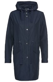 Dunkelblauer Parka mit durchgehender Frontknopfleiste, Kapuze mit Kordelzug, langen Ärmeln, zwei aufgesetzten Taschen mit Klappen, Taillen-Kordel zur Weitenregulierung, gerade geschnitten