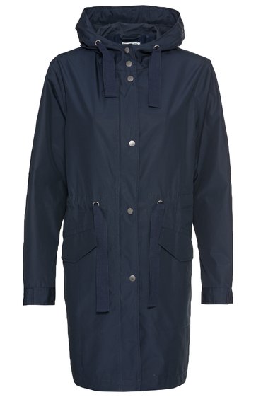 Dunkelblauer Parka mit durchgehender Frontknopfleiste, Kapuze mit Kordelzug, langen Ärmeln, zwei aufgesetzten Taschen mit Klappen, Taillen-Kordel zur Weitenregulierung, gerade geschnitten