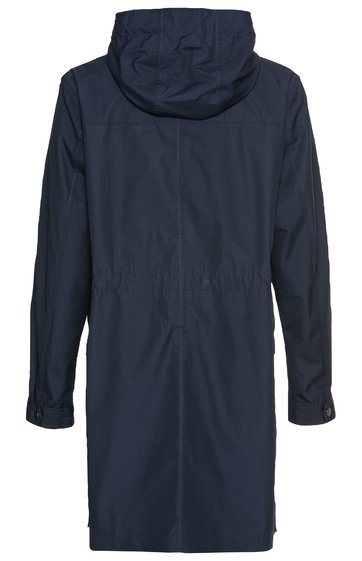 Dunkelblauer Parka, einfarbig, mit Kapuze, lange Ärmel mit Knopfmanschetten, gerade geschnitten, Rückenansicht