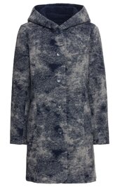 Dunkelblauer Mantel mit grauem Fleckenmuster, lange Ärmel, Kapuze, durchgehende Knopfleiste vorne, gerade geschnitten