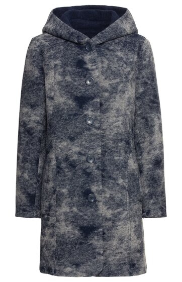 Dunkelblauer Mantel mit grauem Fleckenmuster, lange Ärmel, Kapuze, durchgehende Knopfleiste vorne, gerade geschnitten