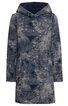 Dunkelblauer Mantel mit grauem Fleckenmuster, lange Ärmel, Kapuze, durchgehende Knopfleiste vorne, gerade geschnitten
