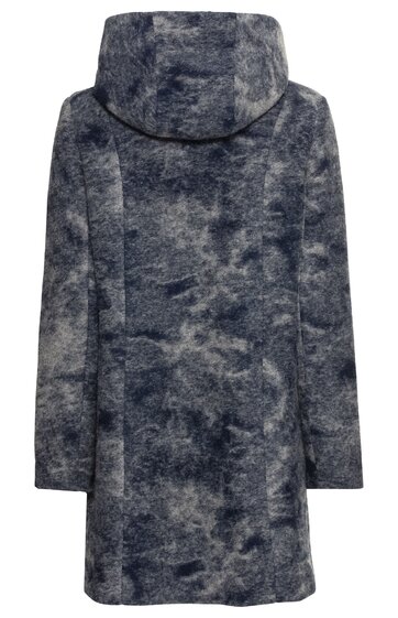 Dunkelgrauer Mantel mit hellem, unregelmäßigem Fleckenmuster, Kapuze, gerade geschnittener Rücken, lange Ärmel, knielang