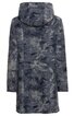 Dunkelgrauer Mantel mit hellem, unregelmäßigem Fleckenmuster, Kapuze, gerade geschnittener Rücken, lange Ärmel, knielang