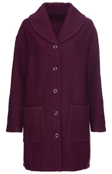 Dunkelvioletter Mantel, einfarbig, große Pattentaschen vorne, rund geschwungener Kragen, durchgehende Knopfleiste, lange Ärmel, gerade geschnitten