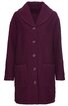 Dunkelvioletter Mantel, einfarbig, große Pattentaschen vorne, rund geschwungener Kragen, durchgehende Knopfleiste, lange Ärmel, gerade geschnitten