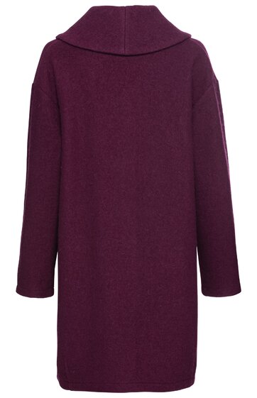 Langer kastiger Mantel in dunkelviolett, ohne Muster, mit weitem Kragen, lange gerade Ärmel, durchgehende Rückansicht