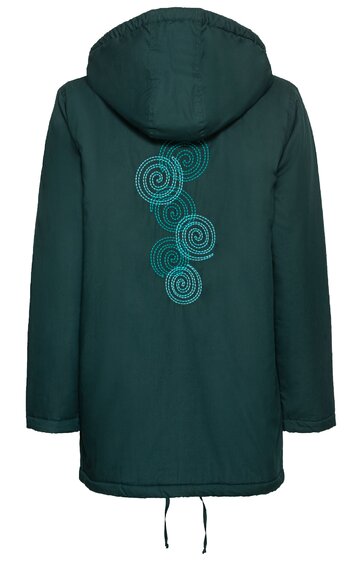 Dunkelgrüne Kapuzenjacke, Rücken mit fünf helltürkisfarbenen Spiralmustern, lange Ärmel, gerade geschnitten, Kordelzug am Saum