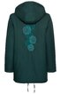 Dunkelgrüne Kapuzenjacke, Rücken mit fünf helltürkisfarbenen Spiralmustern, lange Ärmel, gerade geschnitten, Kordelzug am Saum
