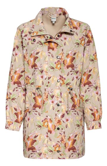 Langer, hellbeiger Mantel mit buntem Blumenmuster in Orange, Braun und Lila, Stehkragen, sichtbare Knöpfe vorne, lange Ärmel, gerade geschnitten