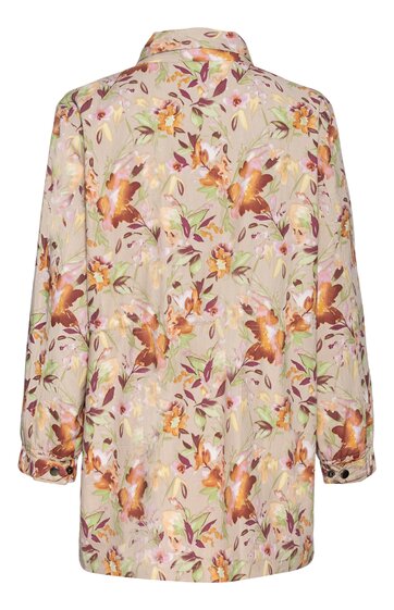 Hellbeiger Blazer mit floralen Mustern in Orange, Gelb und Violett, langer Schnitt, Kragen, lange Ärmel mit Manschetten, durchgehende Knopfreihe vorne