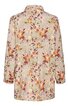 Hellbeiger Blazer mit floralen Mustern in Orange, Gelb und Violett, langer Schnitt, Kragen, lange Ärmel mit Manschetten, durchgehende Knopfreihe vorne