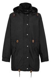Schwarzer Parka mit Kapuze, durchgehender Druckknopfleiste, seitlichen Taschen mit Reißverschluss, verstellbaren Kordeln an Kapuze und Saum, elastischen Ärmeln, taillierter Form