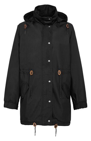 Schwarzer Parka mit Kapuze, durchgehender Druckknopfleiste, seitlichen Taschen mit Reißverschluss, verstellbaren Kordeln an Kapuze und Saum, elastischen Ärmeln, taillierter Form