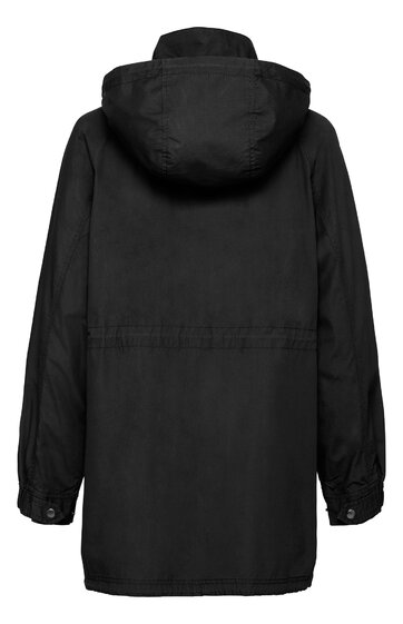 Schwarzer langer Parka mit Kapuze, lange Ärmel mit Knopfmanschetten, gerade geschnitten, sichtbare Naht an der Taille, Rückansicht