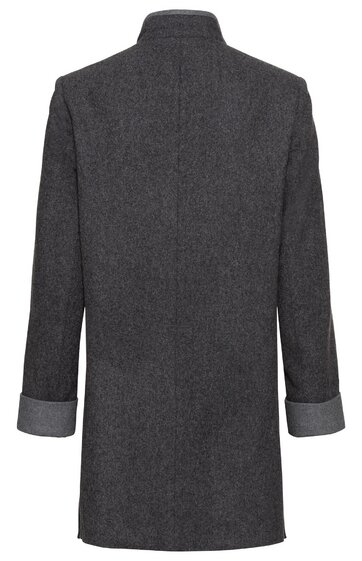 Dunkelgrauer Mantel ohne Muster, Stehkragen, lange Ärmel mit umgeschlagenen Manschetten, gerade geschnitten, Rückansicht