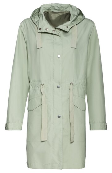 Hellgrüner Parka mit Kapuze, durchgehende Druckknopfleiste, zwei aufgesetzte Taschen vorne, Taillenzug mit Bändern, lange Ärmel mit verstellbarem Ärmelabschluss