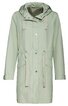 Hellgrüner Parka mit Kapuze, durchgehende Druckknopfleiste, zwei aufgesetzte Taschen vorne, Taillenzug mit Bändern, lange Ärmel mit verstellbarem Ärmelabschluss