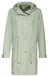 Hellgrüner Parka mit Kapuze, durchgehende Druckknopfleiste, zwei aufgesetzte Taschen vorne, Taillenzug mit Bändern, lange Ärmel mit verstellbarem Ärmelabschluss
