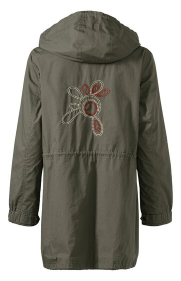 Olivgrüner Parka mit Kapuze, langer Schnitt, Blumenmuster in beige und braun auf dem Rücken, verstellbarer Taillenzug, lange Ärmel mit elastischem Bund